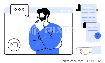 Thoughtful professional in a virtual meeting, represented with speech bubble, document icons and pointing hand. Ideal for remote work, online collaboration, productivity, task management, digital 124965420