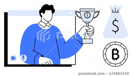 Man holding a trophy during a virtual call, displayed in a window interface. Money bag with dollar sign and Bitcoin coin beside it. Ideal for finance, virtual events, online achievements 124965438