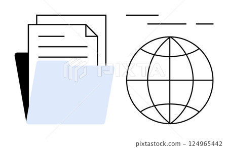 Folder holding documents and a globe icon representing global networking and digital management. Ideal for digital organization, internet, global business, data management, information sharing Folder holding documents and a globe icon representing global networking and digital management. Ideal for digital organization, internet, global business, data management, information sharing 124965442