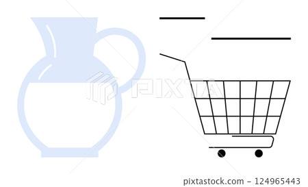 Blue water jug and black shopping cart outline in minimalist style. Ideal for shopping, drinking water, e-commerce, kitchenware, and simplicity themes. Clean and modern design Blue water jug and black shopping cart outline in minimalist style. Ideal for shopping, drinking water, e-commerce, kitchenware, and simplicity themes. Clean and modern design 124965443