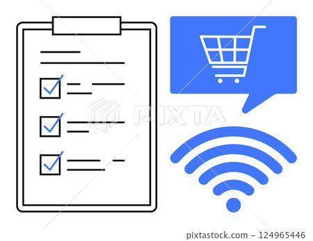 Shopping list on clipboard with checkmarks, blue shopping cart icon in speech bubble, wireless signal icon. Ideal for e-commerce, online shopping, digital marketing, internet connectivity 124965446
