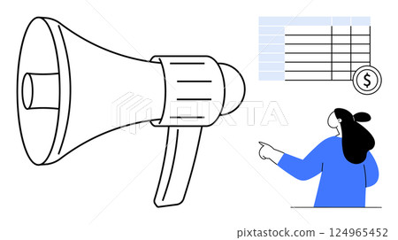 Loudspeaker and woman pointing towards financial chart with a currency symbol. Ideal for advertising, marketing, finance, business development, presentation. Minimalist style 124965452