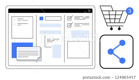 Computer screen with task management interface beside shopping cart with notification and share icon. Ideal for e-commerce, productivity, social media, project management, online shopping, digital Computer screen with task management interface beside shopping cart with notification and share icon. Ideal for e-commerce, productivity, social media, project management, online shopping, digital 124965457
