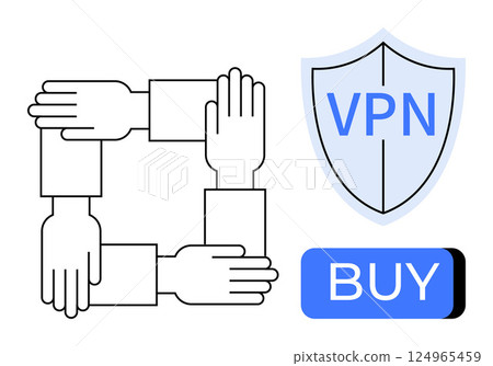 Hands forming a square for unity. Blue shield labeled VPN for internet security. Blue buy button. Ideal for teamwork, security, collaboration, technology, online privacy, e-commerce, mutual support 124965459