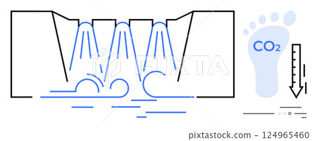 Water flowing through treatment process with jets and channels, carbon footprint symbol and downward arrow indicating CO2 reduction. Ideal for sustainability, environmental science, water 124965460