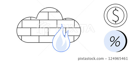Cloud formed by bricks with a firewall symbol. Accompanied by a dollar sign and percentage sign. Ideal for cybersecurity, cloud computing, financial services, data protection, tech security, cost 124965461