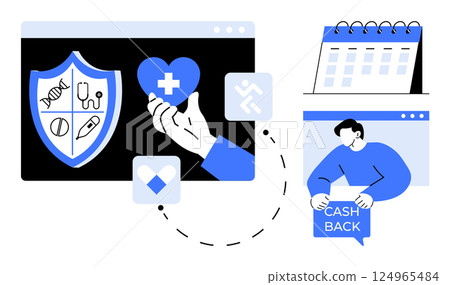 Depicts health insurance symbols, a hand holding a heart with a medical cross, a calendar, and a person holding a cashback sign. Ideal for health, insurance, financial planning, benefits 124965484