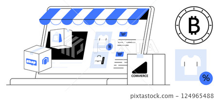 Laptop screen displaying an online store, clothes, shopping bags, discount tags, cryptocurrency symbol. Ideal for e-commerce, online shopping, digital marketing, cryptocurrency usage, retail 124965488