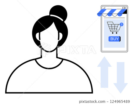 Simplistic representation of a woman with a top bun and a smartphone displaying a shopping cart and a buy button. Ideal for e-commerce, online shopping, mobile apps, digital marketing, consumer 124965489