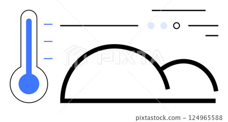Thermometer indicating temperature, abstract cloud shape, and lines suggesting wind. Ideal for weather forecasting, climate monitoring, meteorology, environmental studies, educational materials 124965588