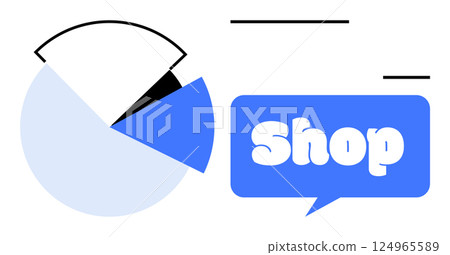 Pie chart with blue and black sections and a large blue speech bubble containing the word Shop. Ideal for retail business marketing financial data analytics communication and e-commerce. Flat 124965589
