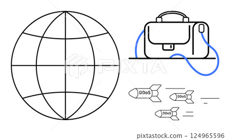 Globe symbolizing global internet and connectivity, briefcase representing business vulnerability, and missiles labeled DDoS indicating cyber attacks. Ideal for cybersecurity, business risk, digital 124965596
