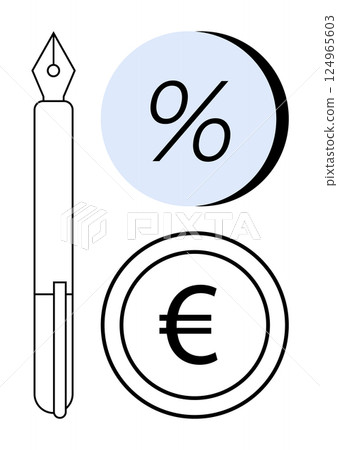 Fountain pen, light blue percentage symbol, and euro coin. Ideal for finance, business, education, economics, investment, writing currency Line metaphor Fountain pen, light blue percentage symbol, and euro coin. Ideal for finance, business, education, economics, investment, writing currency Line metaphor 124965603