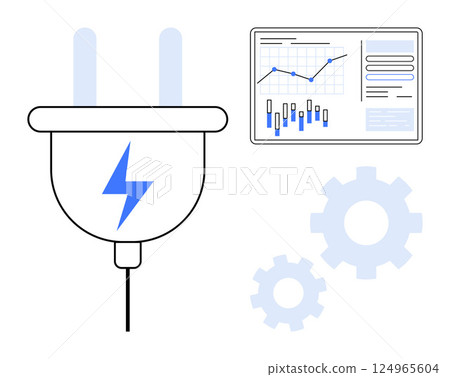 Large electric plug with blue power symbol, line graph, bar chart, and data on screen. Gears in the background. Ideal for technology, energy, analytics, data, efficiency, innovation, and automation 124965604
