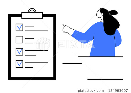 Woman in blue outfit pointing at a clipboard with ticked and unticked checkboxes. Ideal for productivity, task management, workflow, daily planning and office work themes. Flat minimalist style Woman in blue outfit pointing at a clipboard with ticked and unticked checkboxes. Ideal for productivity, task management, workflow, daily planning and office work themes. Flat minimalist style 124965607