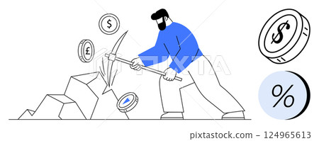 Man using pickaxe to extract various currency symbols from the ground. Ideal for financial planning, investments, economic growth, wealth management, financial literacy, budgeting, and money-saving 124965613