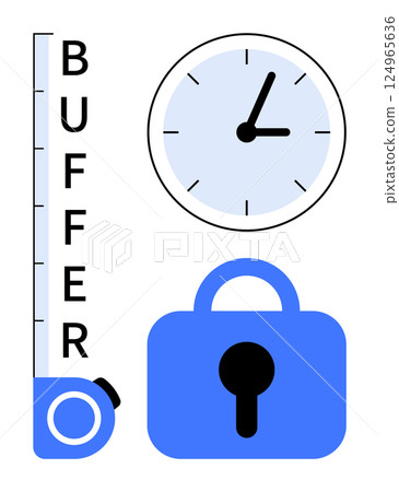 Clock indicating time management, tape measure labeled buffer showcasing measurement, and a padlock symbolizing security. Ideal for time management, project planning, cybersecurity, data protection 124965636