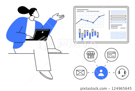 Professional analyzing laptop data large screen displays graphs and analytics. Communication and customer support icons connected to user profile. Ideal for marketing, business strategy, analytics 124965645