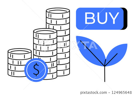 Stacks of coins with a dollar symbol coin, a blue BUY button, and a blue leaf. Ideal for financial planning, investment strategies, growth potential, eco-friendly investments, savings, economic 124965648