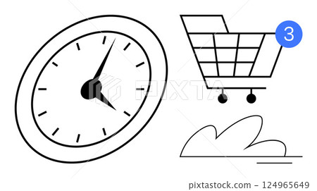 Clock representing time management, shopping cart with notification indicating online purchases, and abstract shape. Ideal for e-commerce, online shopping, time efficiency, digital marketing 124965649