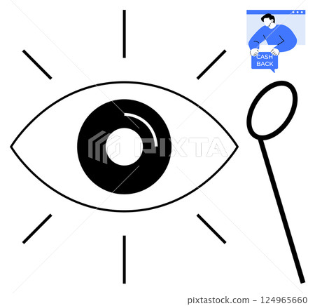 Simplified eye symbol accompanied by a magnifying glass and a cash back icon. Ideal for vision, search, discovery, analysis, and financial benefits. Black, blue, and white, minimalist design Simplified eye symbol accompanied by a magnifying glass and a cash back icon. Ideal for vision, search, discovery, analysis, and financial benefits. Black, blue, and white, minimalist design 124965660