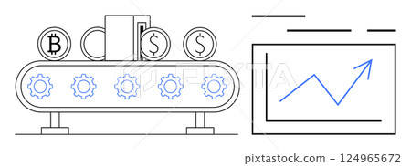 Conveyer belt transporting Bitcoin, Dollar, and Pound coins with gears. Screen displays a growing graph. Ideal for finance, investment, cryptocurrency, blockchain technology, automation, fintech 124965672