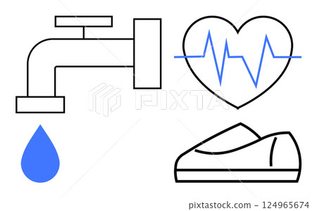 Water tap with drop, heartbeat symbol, and running shoe icon emphasizing health and fitness. Ideal for wellness programs, health campaigns, fitness centers, educational materials, lifestyle blogs 124965674
