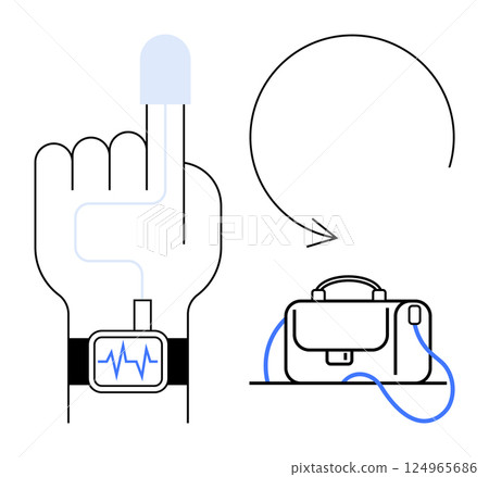 Hand with wearable health monitor on wrist and sensor on finger, transferring data to a briefcase with a digital interface. Ideal for healthcare, technology, telemedicine, wearables, fitness, data Hand with wearable health monitor on wrist and sensor on finger, transferring data to a briefcase with a digital interface. Ideal for healthcare, technology, telemedicine, wearables, fitness, data 124965686
