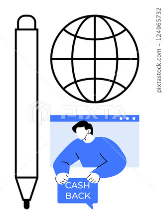 Black pen, globe icon and a person within a web browser window holding a Cash Back sign. Ideal for online marketing, cashback offers, global communication, online transactions, digital marketing 124965732