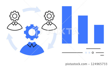 Business team represented as gears in head icons with workflow arrows, next to bar chart showing performance data. Ideal for project management, team collaboration, productivity, workflow Business team represented as gears in head icons with workflow arrows, next to bar chart showing performance data. Ideal for project management, team collaboration, productivity, workflow 124965733