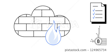 A cloud firewall with a blue flame in front. A document with checkmarks and a Bitcoin symbol with circuit lines are included. Ideal for digital security, cloud services, cryptocurrency, blockchain 124965734