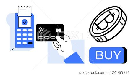 Hand holding card for contactless payment near terminal, Bitcoin coin, and Buy button. Ideal for finance, technology, e-commerce, cryptocurrency, digital transactions, shopping, online payments. Line 124965735