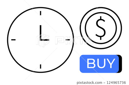 Clock without hands, dollar coin symbol, and blue BUY button. Ideal for e-commerce, financial services, time management, online shopping, investment, economic planning, digital marketing themes. Line 124965736