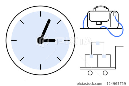 Large clock indicating time, briefcase representing work or business, and trolley with boxes symbolizing productivity or logistics. Ideal for business planning, time management, logistics, corporate 124965739