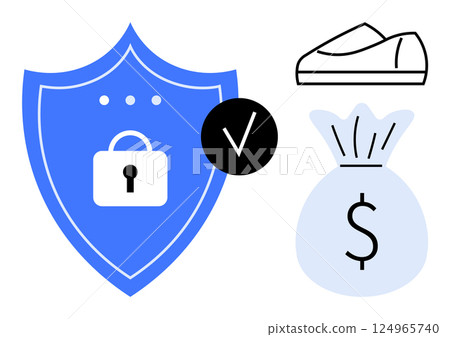 Security shield with padlock symbol, check mark icon, money bag with dollar sign, and casual sneakers. Ideal for financial security, cyber protection, assurance, safety, savings, economic stability 124965740