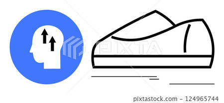 Blue circle with head profile featuring two upwards arrows next to minimalist running shoe. Ideal for mental health awareness, fitness motivation, wellness coaching, sports promotion, personal 124965744