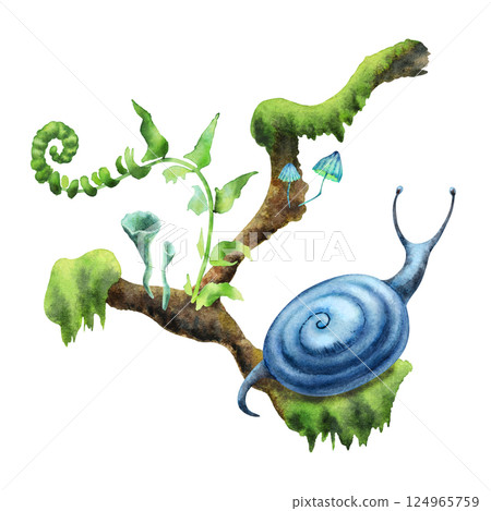 Cute absrtact blue snail on a green moss with a fern tree and low forest mushrooms.. Hand drawn watercolors isolated on white background. Biophilic style, ideal for ecological and spiritual topics 124965759