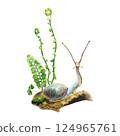 Cute absrtact blue snail on a green moss with a fern tree and low forest mushrooms.. Hand drawn watercolors isolated on white background. Biophilic style, ideal for ecological and spiritual topics 124965761