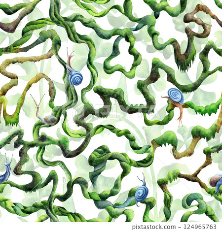 Seamless pattern of forest plants (green fern leaves and clover) and blue snails: . Hand drawn watercolors on white background. Biophilic style, ideal for ecological and spiritual designs and prints Seamless pattern of forest plants (green fern leaves and clover) and blue snails: . Hand drawn watercolors on white background. Biophilic style, ideal for ecological and spiritual designs and prints 124965763