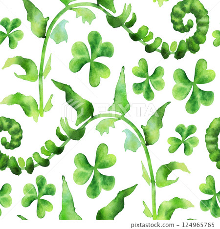 Seamless pattern of forest plants and botanical greenery: fern leaves and clover. Hand drawn watercolors on white background. Biophilic style, ideal for ecological and spiritual designs and prints 124965765