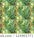 Seamless forest pattern of tree bark, almost like real but created by hand drawn watercolors. All shades of green and brown. Biophilic style, ideal for ecological and spiritual designs and prints 124965771