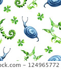 Seamless pattern of forest plants (green fern leaves and clover) and blue snails: . Hand drawn watercolors on white background. Biophilic style, ideal for ecological and spiritual designs and prints 124965772