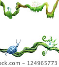 Forest plants frame. Botanical greenery with snails, with green and blue shades. Hand drawn watercolors isolated on transparent background. Biophilic style, ideal for ecological and spiritual topics 124965773