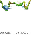 Forest plants banner. Botanical greenery with snails, with green and blue shades. Hand drawn watercolors isolated on transparent background. Biophilic style, ideal for ecological and spiritual topics 124965776