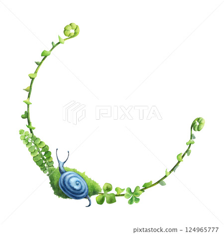 Forest plants wreath. Botanical greenery with snails, with green and blue shades. Hand drawn watercolors isolated on transparent background. Biophilic style, ideal for ecological and spiritual topics Forest plants wreath. Botanical greenery with snails, with green and blue shades. Hand drawn watercolors isolated on transparent background. Biophilic style, ideal for ecological and spiritual topics 124965777