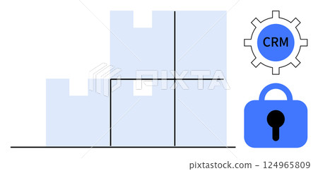 Multiple interconnected boxes next to a CRM gear icon and a security lock highlight data management themes. Ideal for data security, CRM systems, database management, data analytics, and IT 124965809