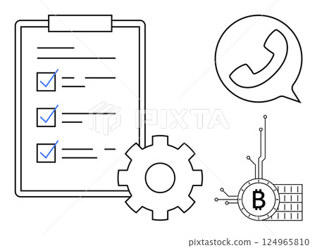 A task checklist next to a gear, a phone in a speech bubble, and a Bitcoin symbol with circuit lines. Ideal for business, technology, communication, financial planning, blockchain themes. Minimalist 124965810