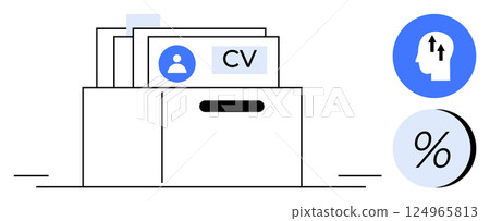 File drawer with job applications labeled with profile and CV icons, growth and percentage symbols. Ideal for recruitment, HR, job search, employment statistics, career growth, application tracking 124965813