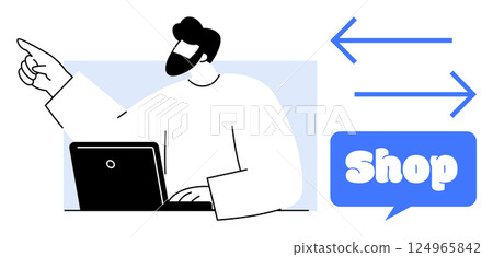 Man points while working on a laptop. Blue arrows and shopping speech bubble nearby. Ideal for e-commerce, online shopping, digital business, marketing strategy, tech support. Minimalist design style Man points while working on a laptop. Blue arrows and shopping speech bubble nearby. Ideal for e-commerce, online shopping, digital business, marketing strategy, tech support. Minimalist design style 124965842