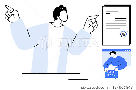 A person in a light blue jacket points at a signed document and a cash back offer. Ideal for business presentations, financial promotions, contract signing, customer rewards, and marketing. Clean A person in a light blue jacket points at a signed document and a cash back offer. Ideal for business presentations, financial promotions, contract signing, customer rewards, and marketing. Clean 124965848